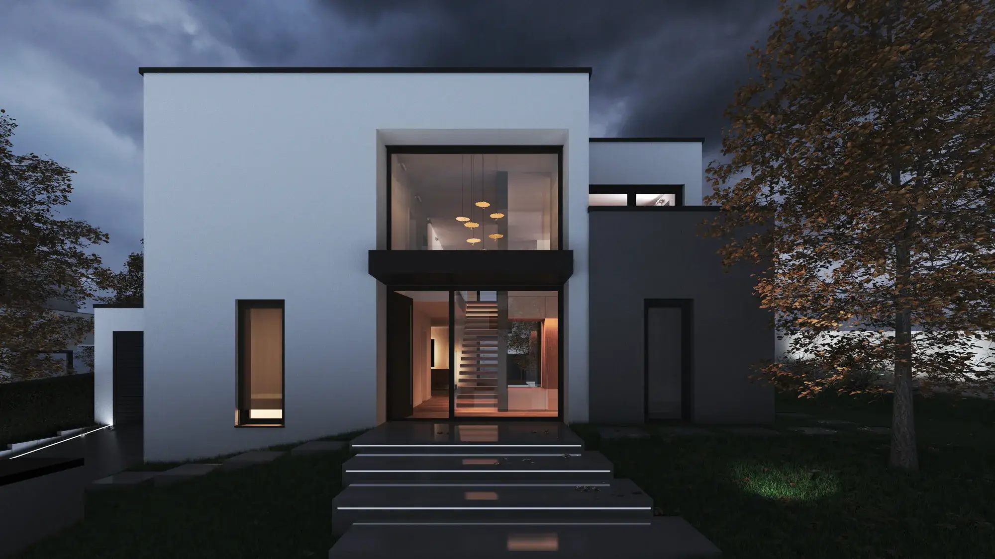 Ästhetisches Einfamilienhaus mit Kragarmtreppe, Mühltal – Straßenansicht am Abend