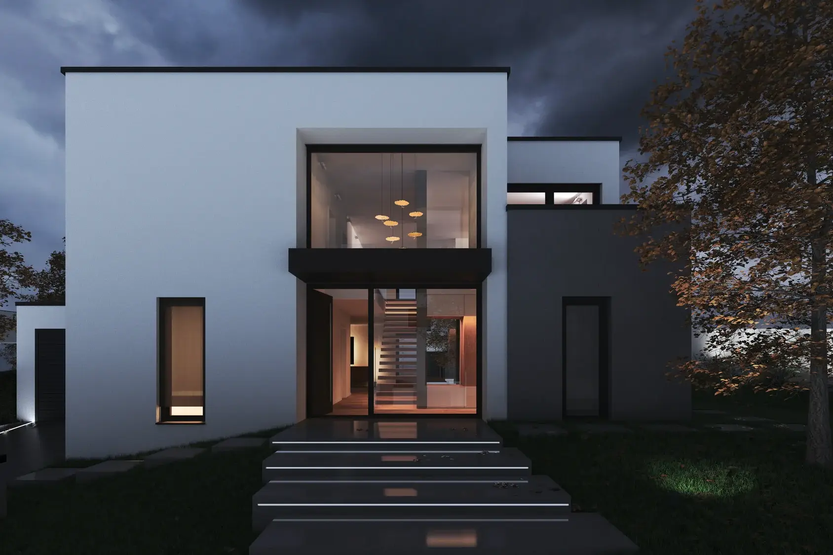 Ästhetisches Einfamilienhaus mit Kragarmtreppe, Mühltal – Straßenansicht am Abend