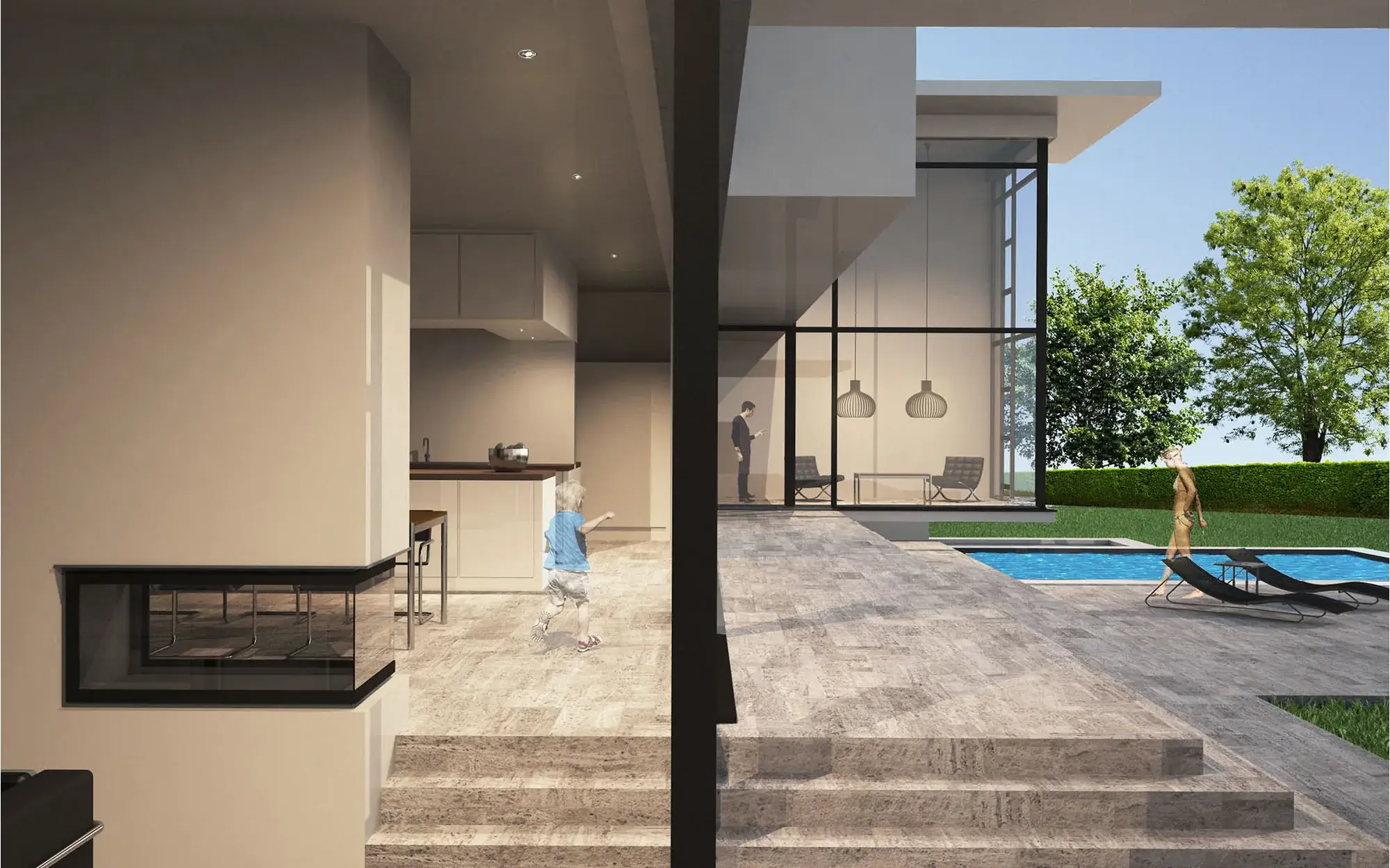 Architektenhaus mit Pool im Kreis Darmstadt-Dieburg, Darmstadt – Wohnbereich mit Blick zum Pool