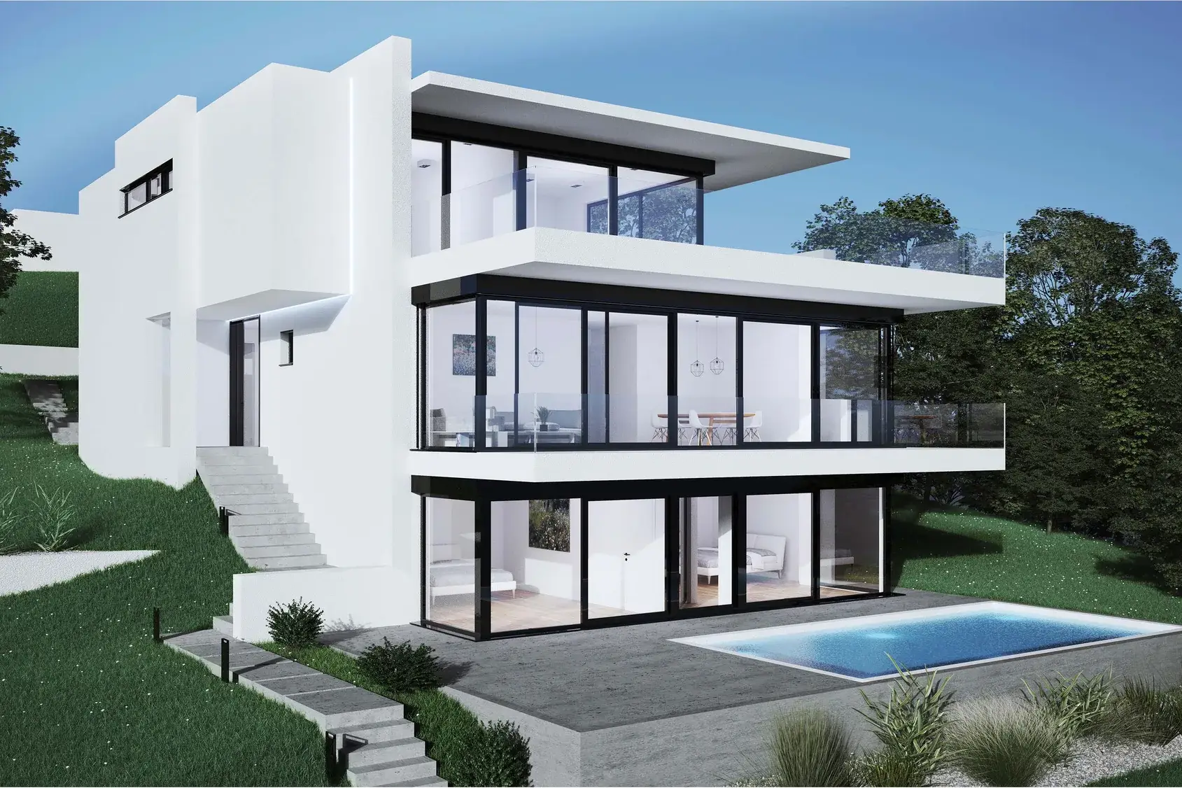 Einfamilienhaus in Hanglage, Bensheim – Hangansicht mit Pool