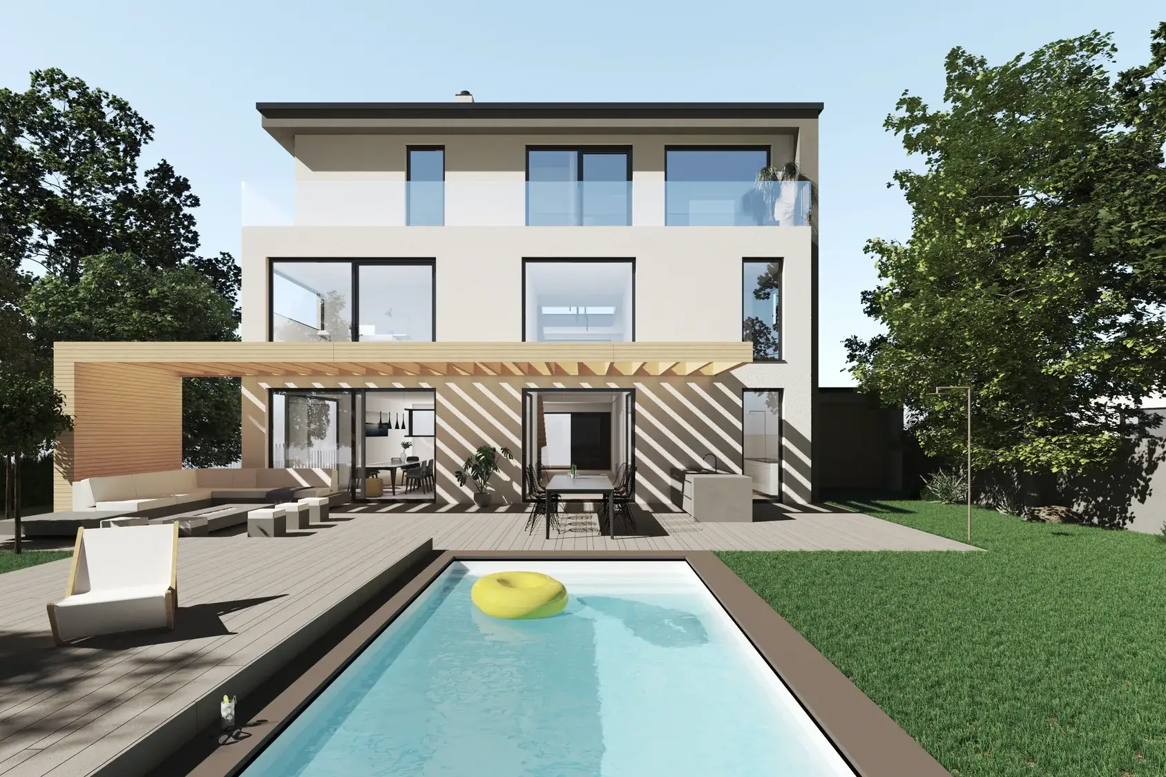 Einfamilienhaus mit vier Stockwerken, Eberstadt – Garten mit Pool