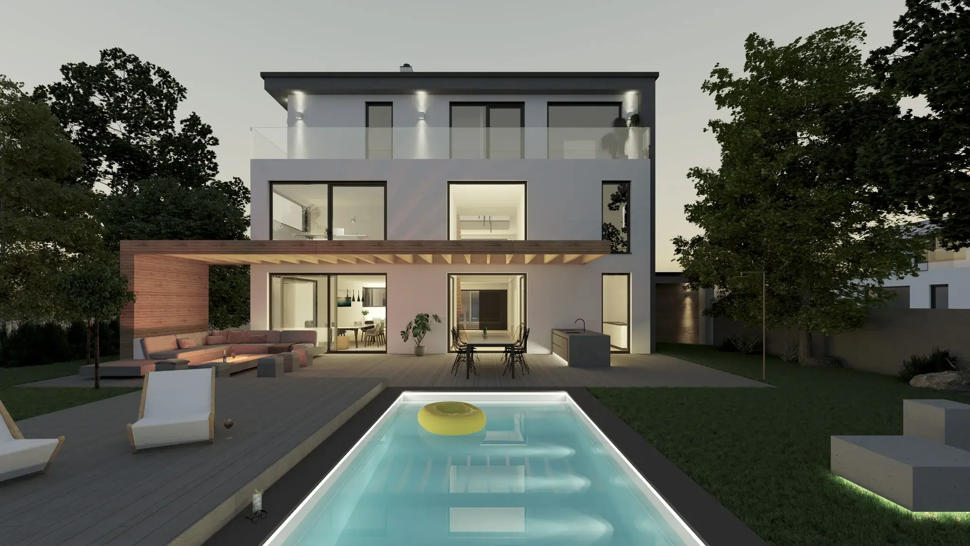 Einfamilienhaus mit vier Stockwerken, Eberstadt – Garten mit Pool am Abend