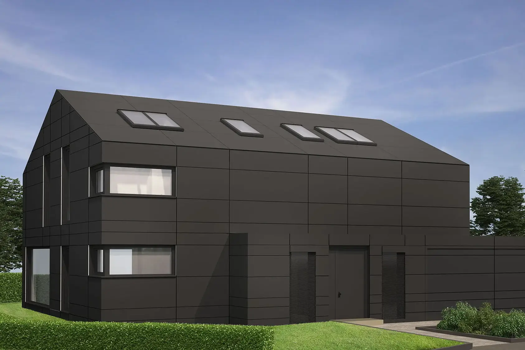 Einfamilienhaus mit Vorhangfassade aus Faserzement – Ansicht mit Faserzementfassade