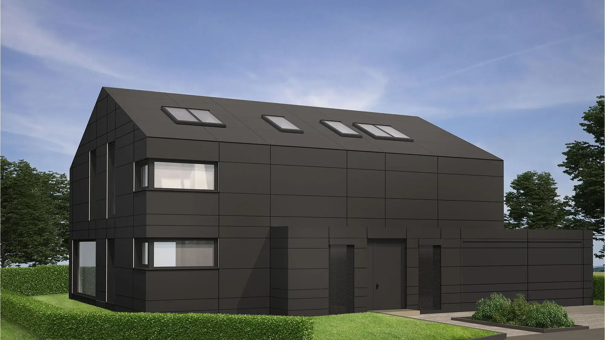 Einfamilienhaus mit Vorhangfassade aus Faserzement – Ansicht mit Faserzementfassade