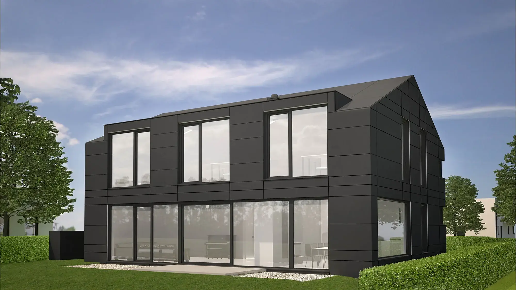 Einfamilienhaus mit Vorhangfassade aus Faserzement – Gartenansicht