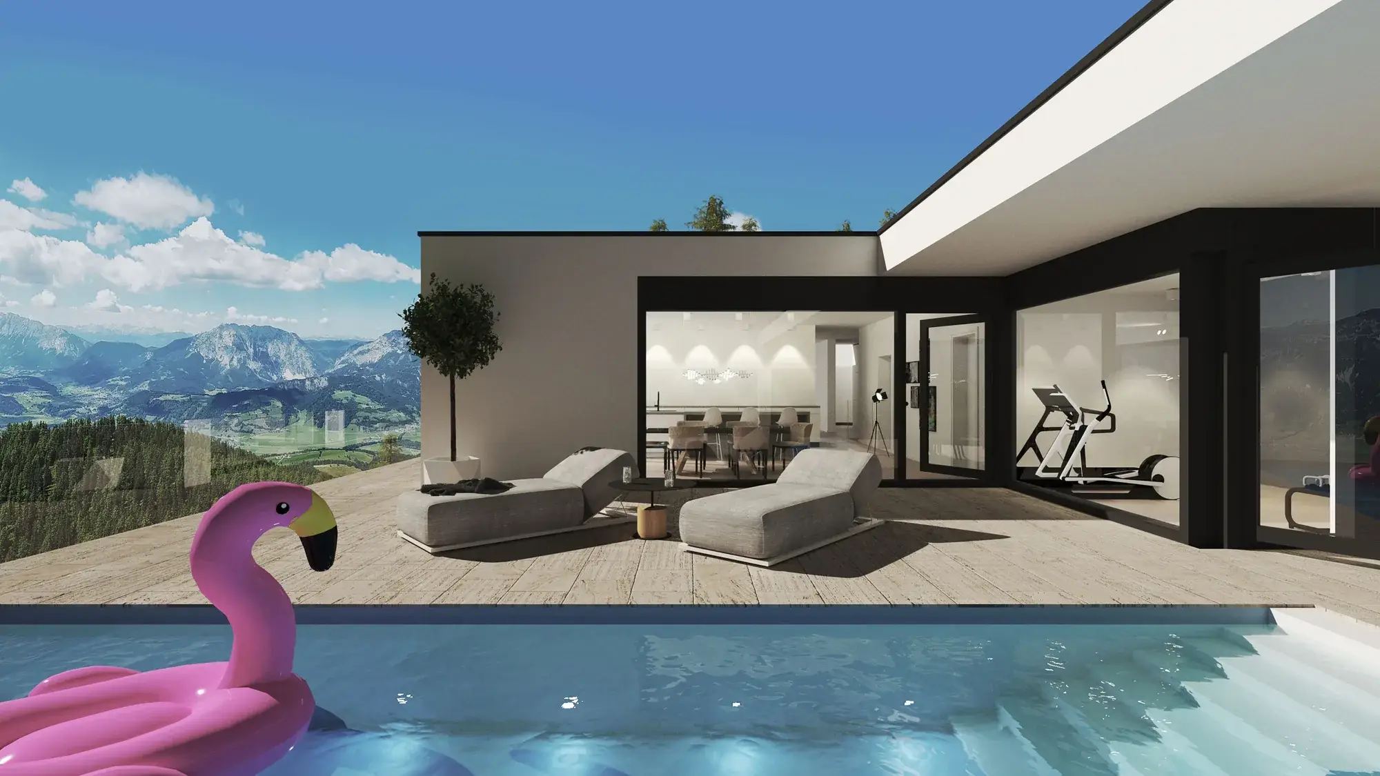 Neubau eines Einfamilienhauses in Hanglage, Baden-Baden – Terrasse mit Pool