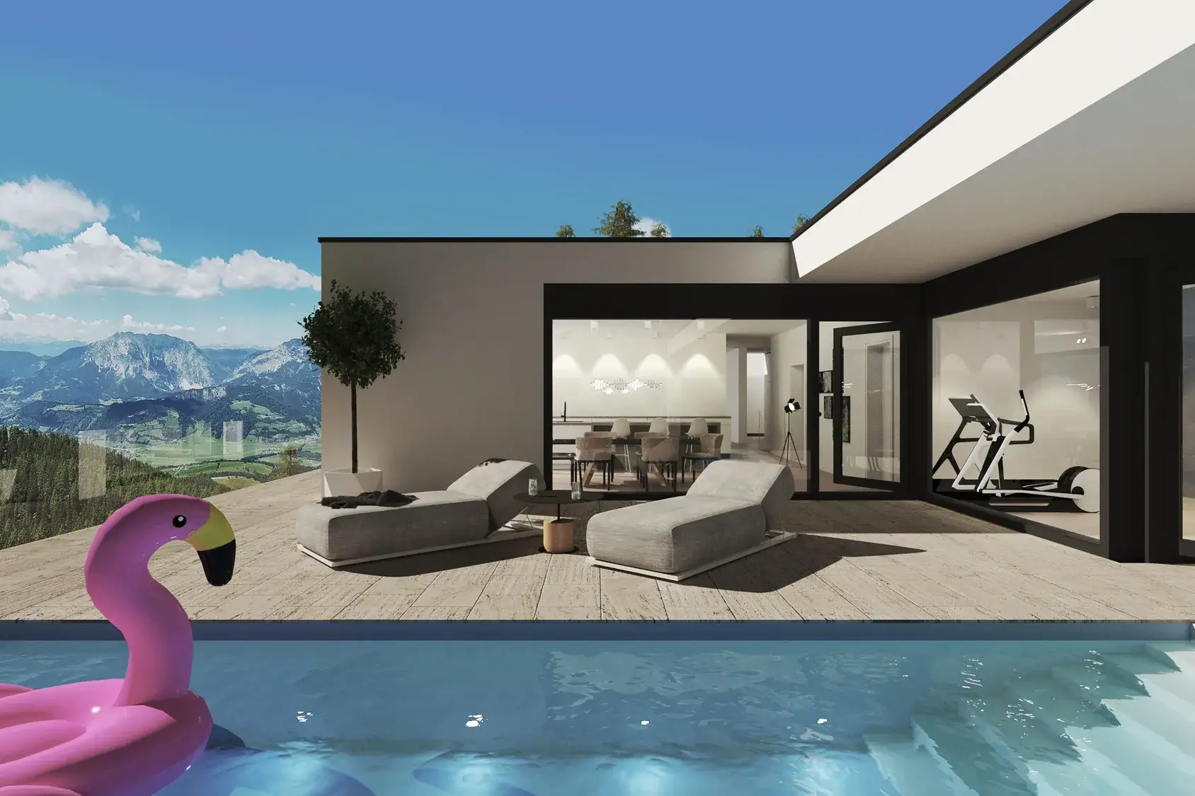 Neubau eines Einfamilienhauses in Hanglage, Baden-Baden – Terrasse mit Pool