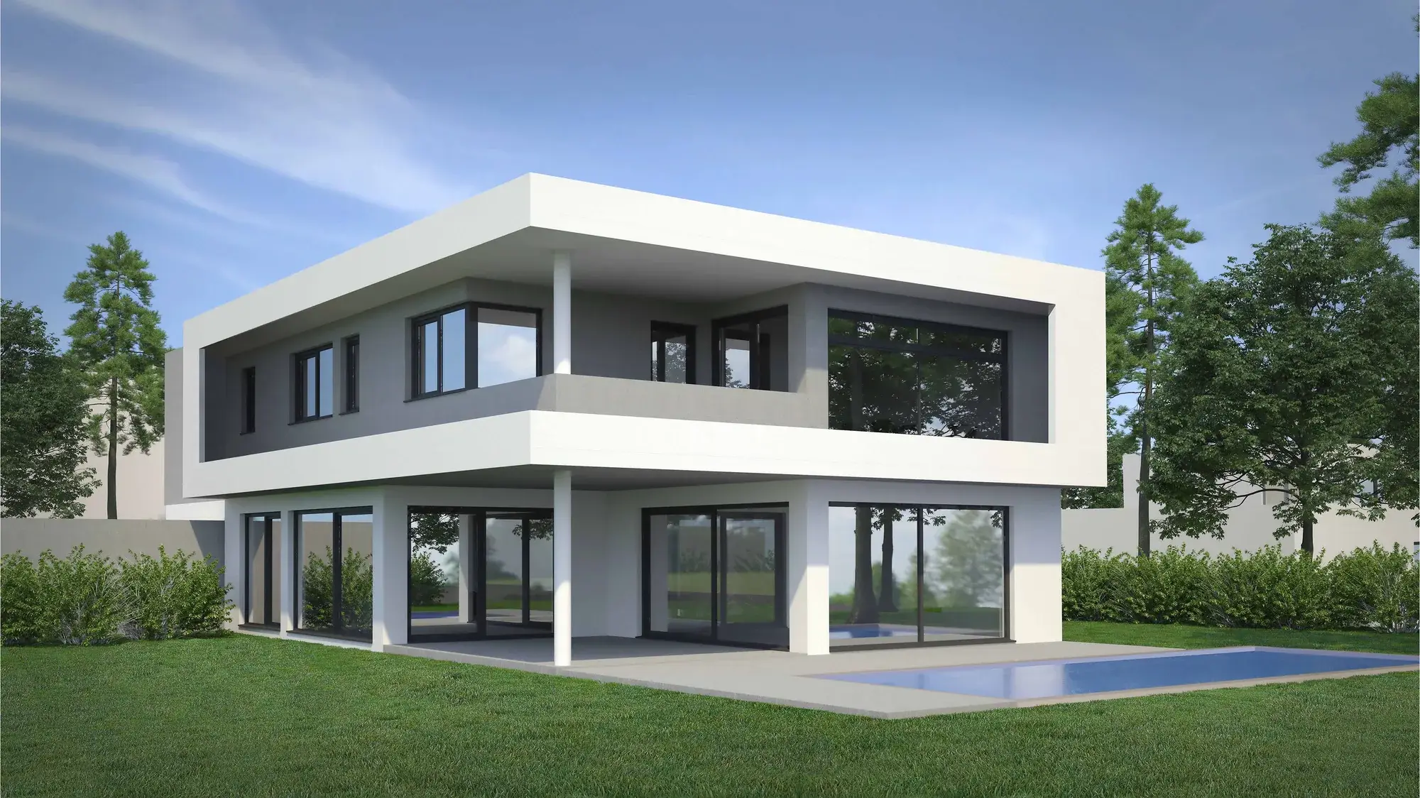 Neubau eines Einfamilienhauses im Landkreis Offenbach, Mainhausen – Gartenansicht mit Pool