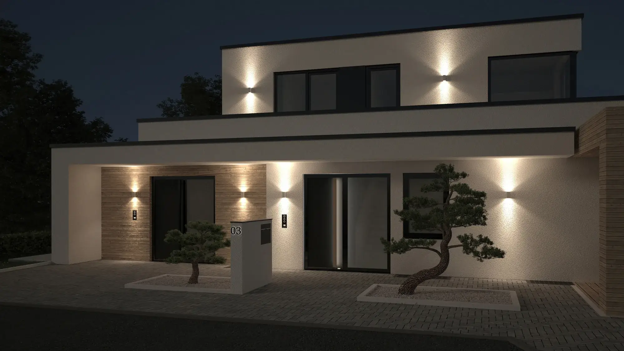 Neubau eines Einfamilienhauses im Odenwald, Michelstadt – Straßenansicht am Abend
