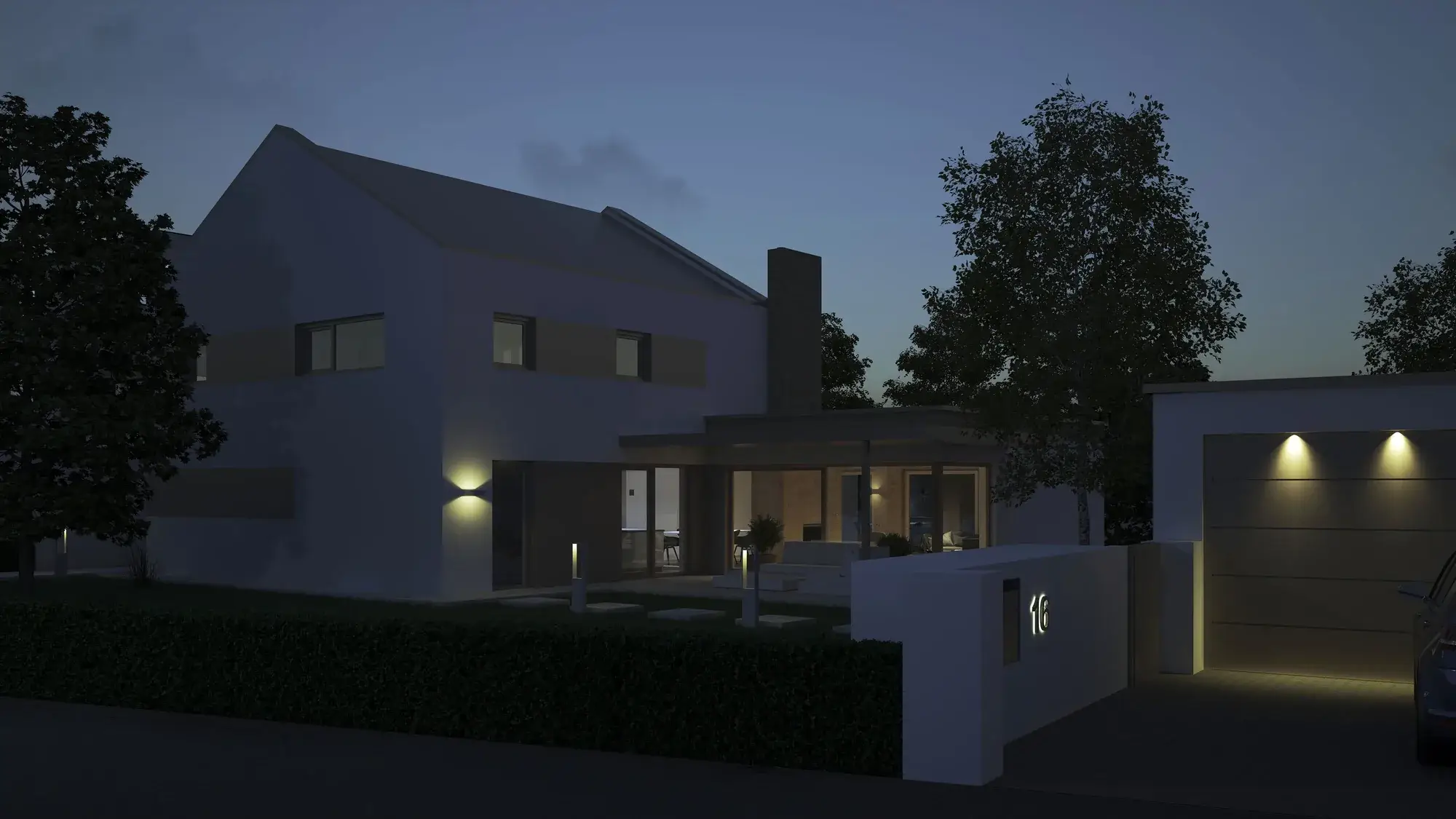 Neubau in hellem Sandton, Kronberg – Straßenansicht am Abend