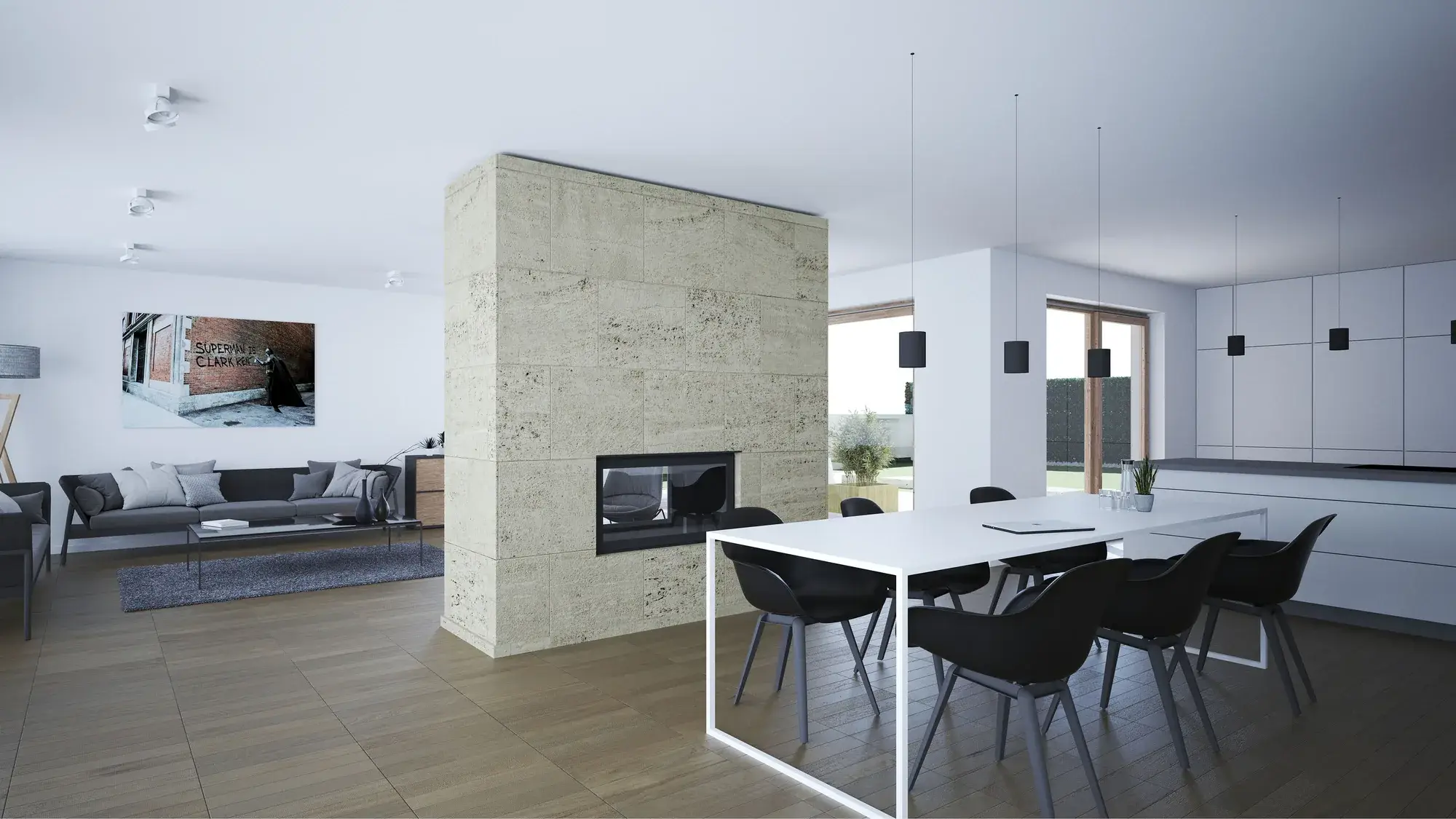 Neubau in hellem Sandton, Kronberg – Essbereich mit Dreiseitkamin