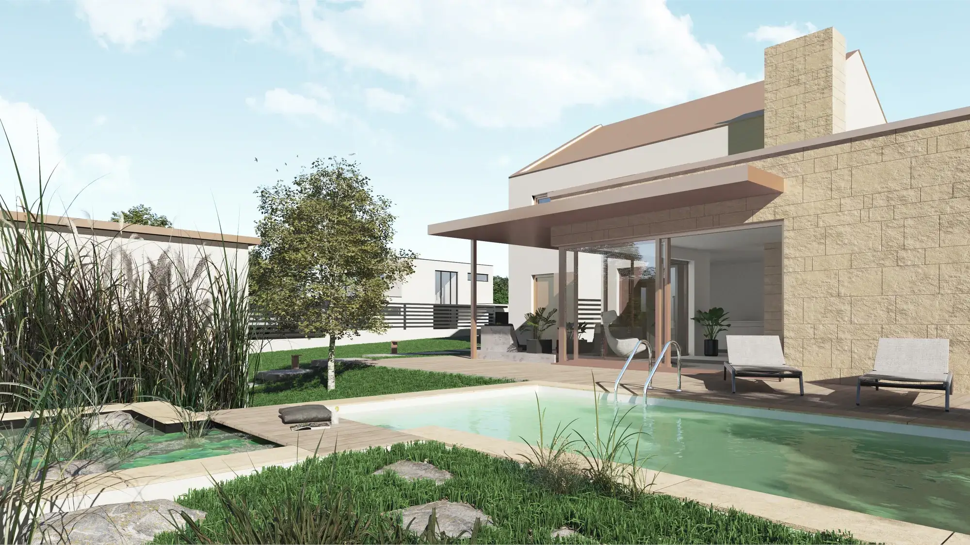 Neubau in hellem Sandton, Kronberg – Gartenansicht