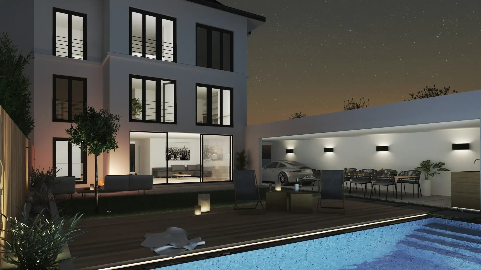Sanierung eines Einfamilienhauses, Frankfurt am Main – Garten mit Pool am Abend
