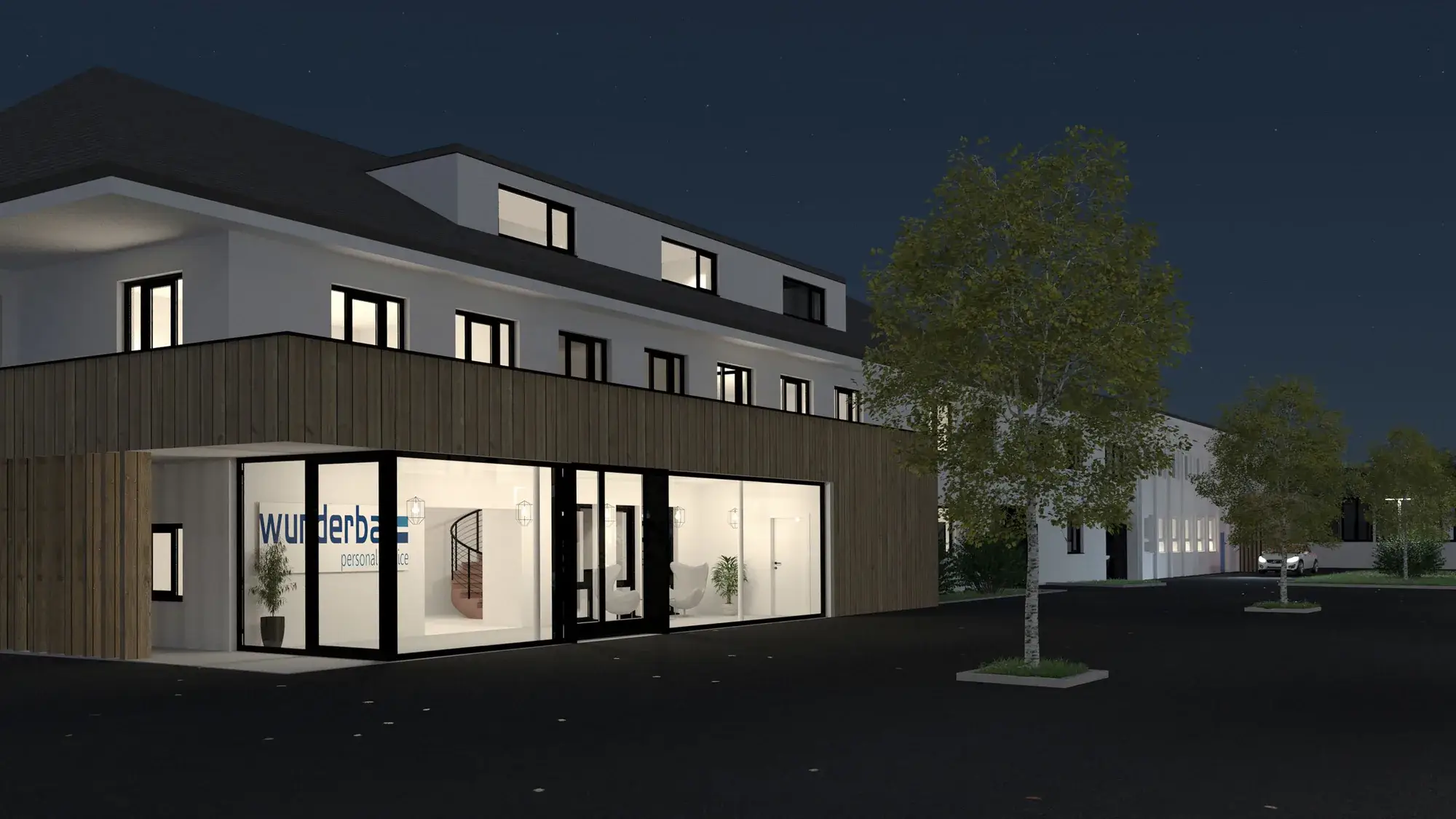 Sanierung Firmenareal, Neubau Wohneinheiten – Wohneinheiten am Abend