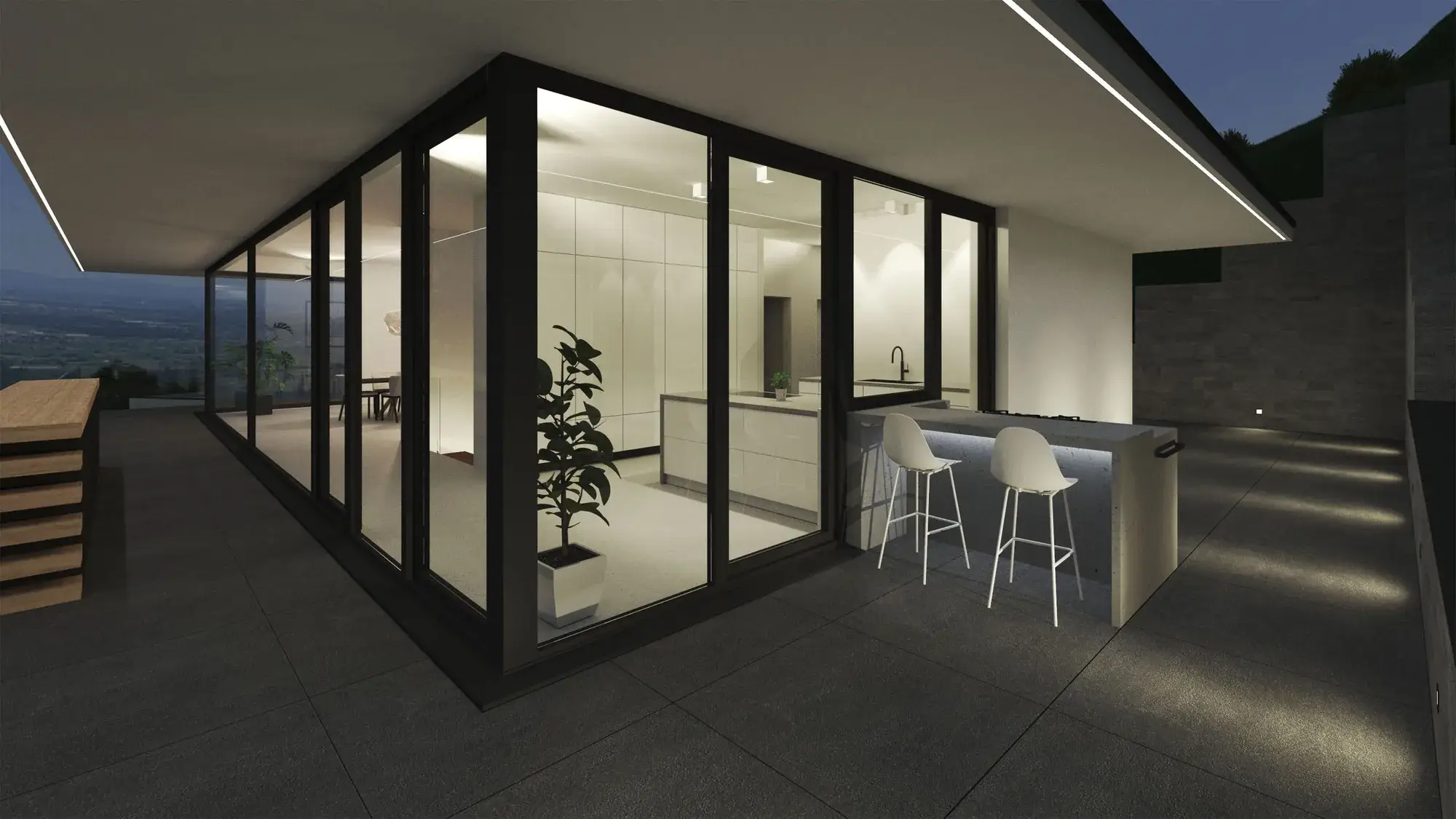 Smart-Home-Villa, Groß-Umstadt – Wohnbereich mit Eckverglasung