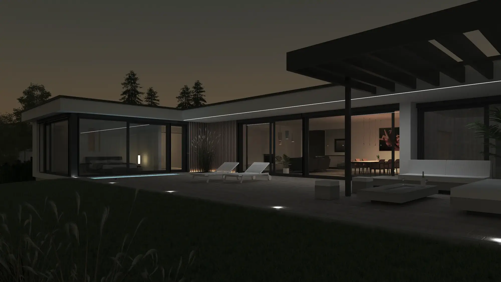 Umbau eines Bungalows in U-Form, Offenbach – Terrasse am Abend