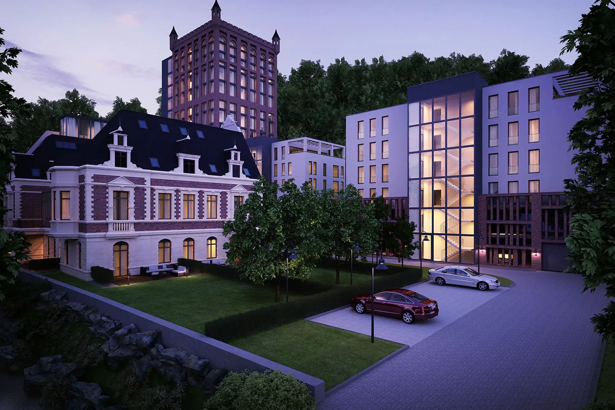 Wohnungsbau im denkmalgeschützten Ensemble, Weinheim – Ensemble am Abend