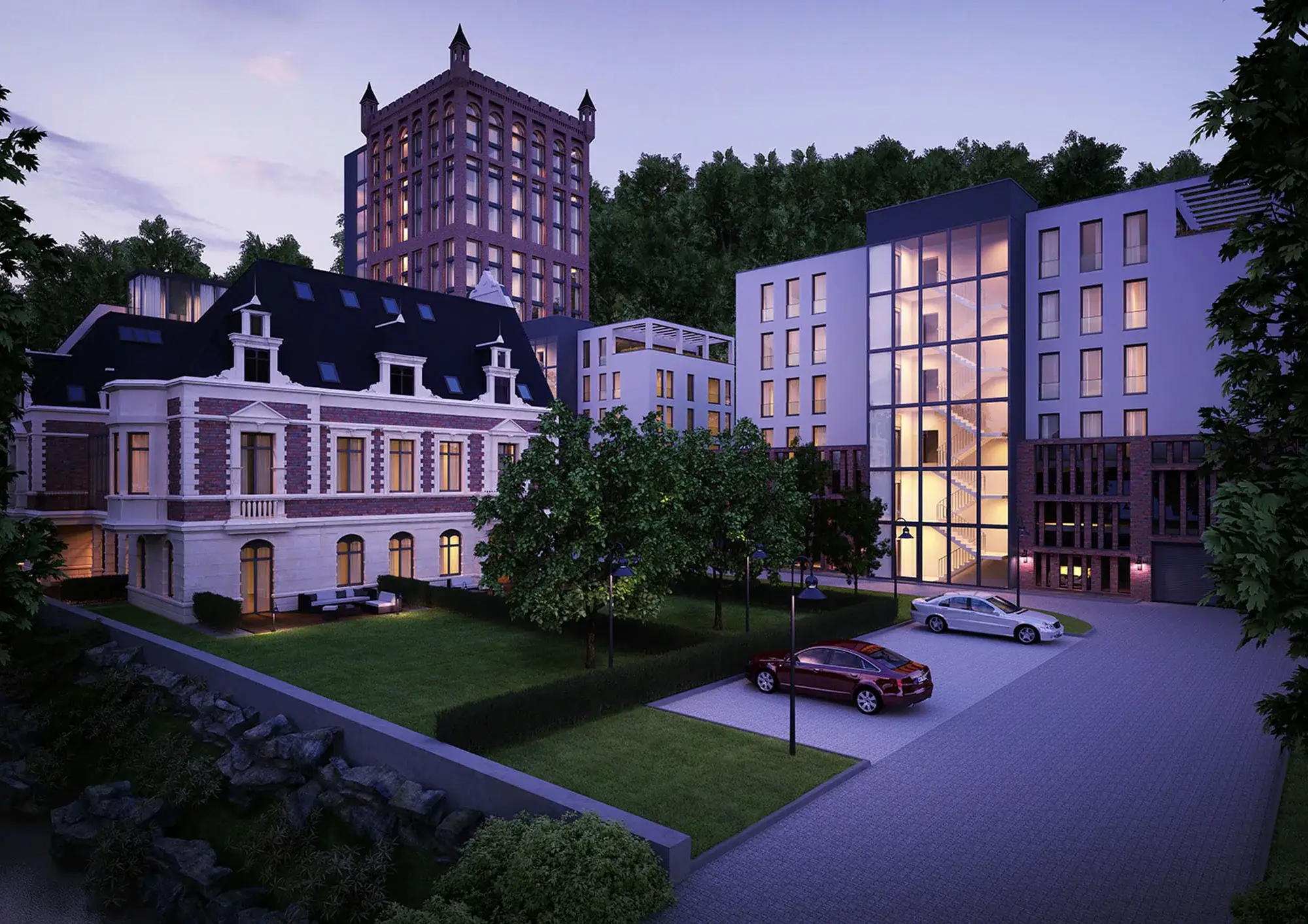 Wohnungsbau im denkmalgeschützten Ensemble, Weinheim – Ensemble am Abend